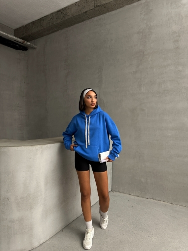 SWT-14261 Mavi Kordonlu Kapüşonlu Kanguru Cep İki İplik Şardonlu Sweatshirt - Thumbnail