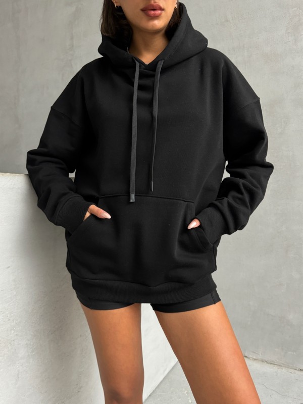 SWT-14261 Siyah Kordonlu Kapüşonlu Kanguru Cep İki İplik Şardonlu Sweatshirt - 2