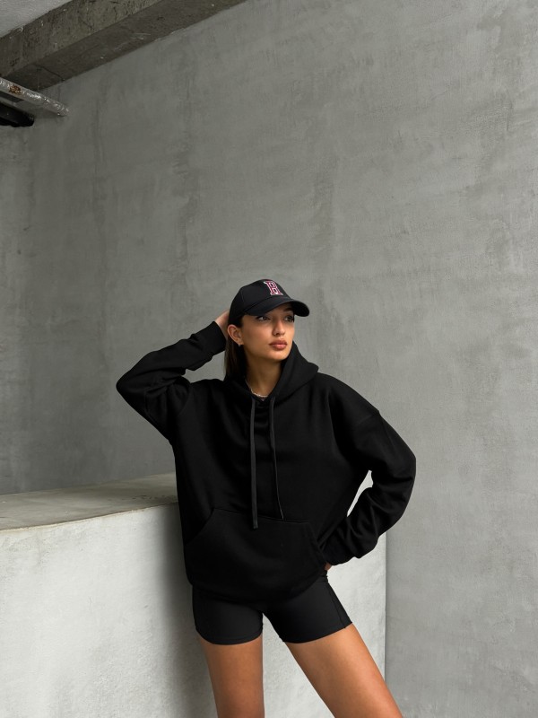 SWT-14261 Siyah Kordonlu Kapüşonlu Kanguru Cep İki İplik Şardonlu Sweatshirt - 3