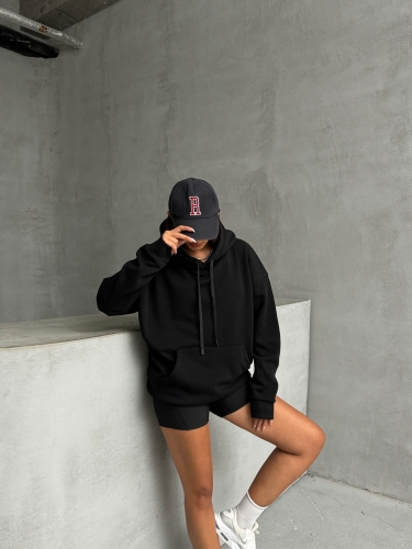 SWT-14261 Siyah Kordonlu Kapüşonlu Kanguru Cep İki İplik Şardonlu Sweatshirt 