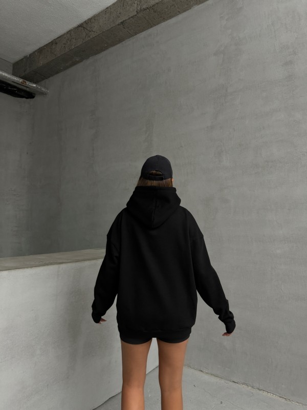 SWT-14261 Siyah Kordonlu Kapüşonlu Kanguru Cep İki İplik Şardonlu Sweatshirt - 5
