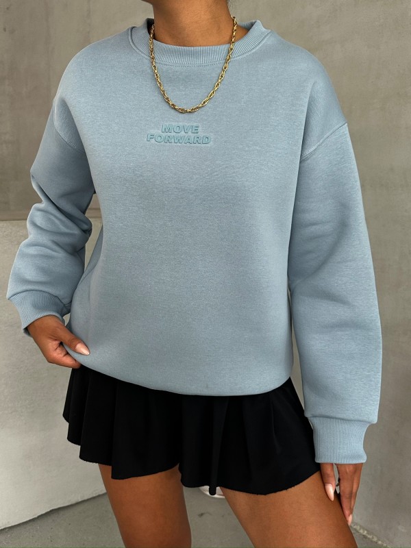 SWT-14262 Bebe Mavi Move Forvard Kabartma Baskılı Üç İplik Şardonlu Bisiklet Yaka Sweatshirt - 3