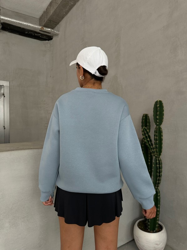 SWT-14262 Bebe Mavi Move Forvard Kabartma Baskılı Üç İplik Şardonlu Bisiklet Yaka Sweatshirt - 5