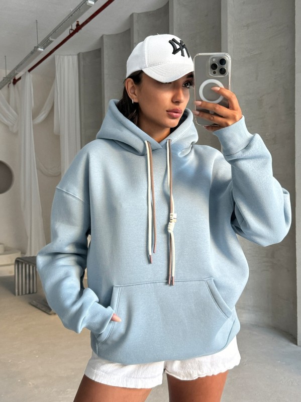 SWT-14263 Bebe Mavi Çift Kordonlu Kapüşonlu Üç İplik Şardonlu Sweatshirt - 2