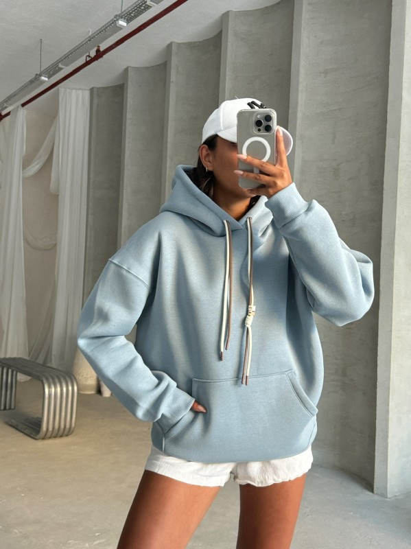 SWT-14263 Bebe Mavi Çift Kordonlu Kapüşonlu Üç İplik Şardonlu Sweatshirt - 5