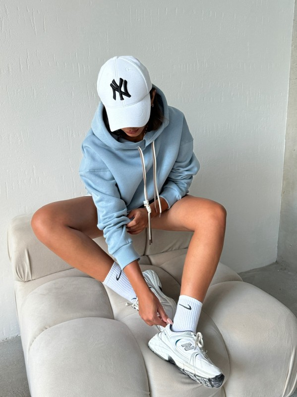 SWT-14263 Bebe Mavi Çift Kordonlu Kapüşonlu Üç İplik Şardonlu Sweatshirt - 1