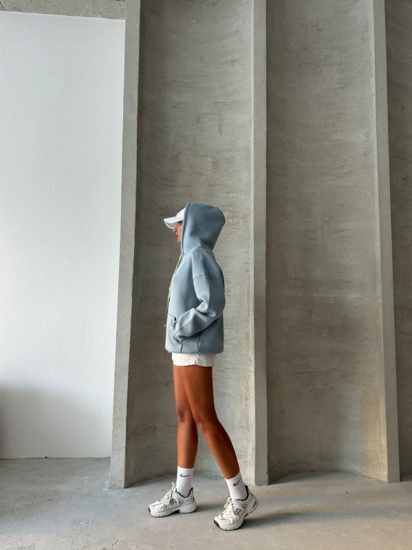 SWT-14263 Bebe Mavi Çift Kordonlu Kapüşonlu Üç İplik Şardonlu Sweatshirt - 6