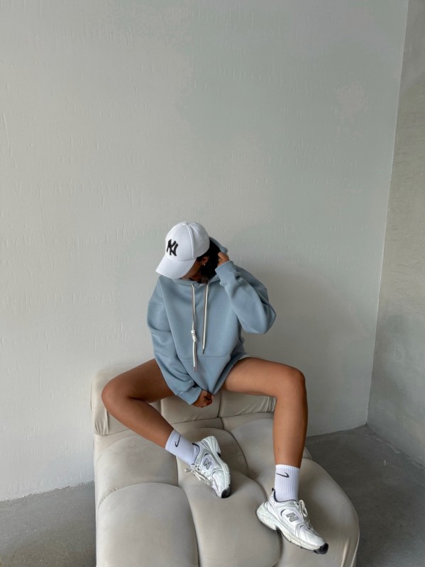 SWT-14263 Bebe Mavi Çift Kordonlu Kapüşonlu Üç İplik Şardonlu Sweatshirt - 7