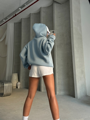 SWT-14263 Bebe Mavi Çift Kordonlu Kapüşonlu Üç İplik Şardonlu Sweatshirt - 10