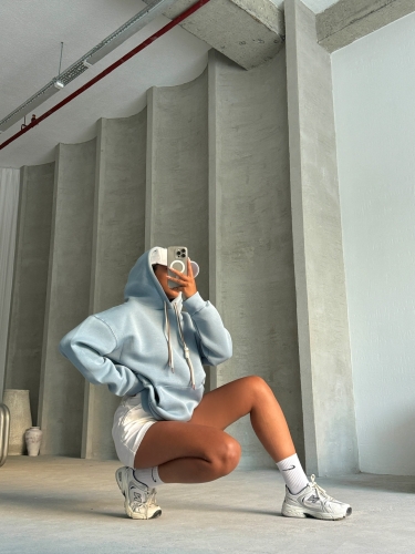 SWT-14263 Bebe Mavi Çift Kordonlu Kapüşonlu Üç İplik Şardonlu Sweatshirt - 8