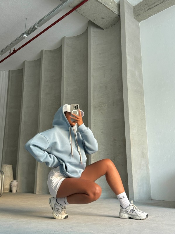 SWT-14263 Bebe Mavi Çift Kordonlu Kapüşonlu Üç İplik Şardonlu Sweatshirt - 8