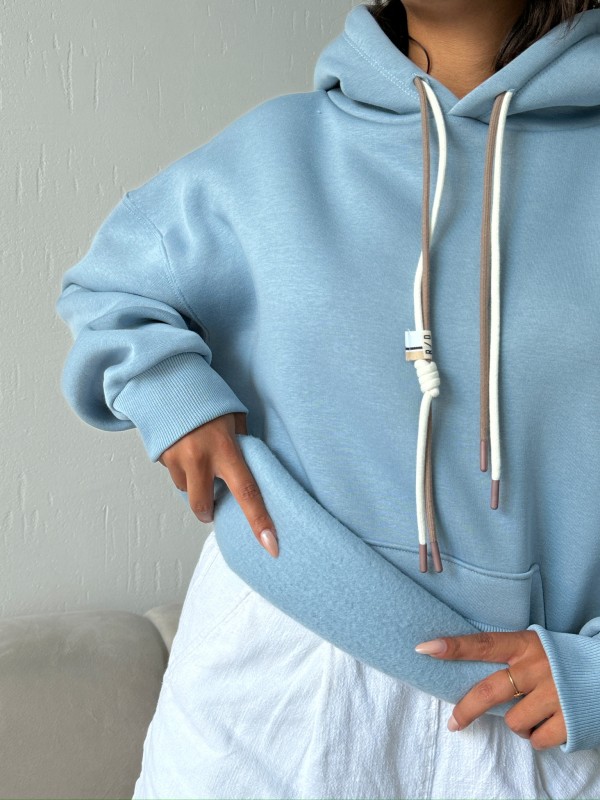 SWT-14263 Bebe Mavi Çift Kordonlu Kapüşonlu Üç İplik Şardonlu Sweatshirt - 3