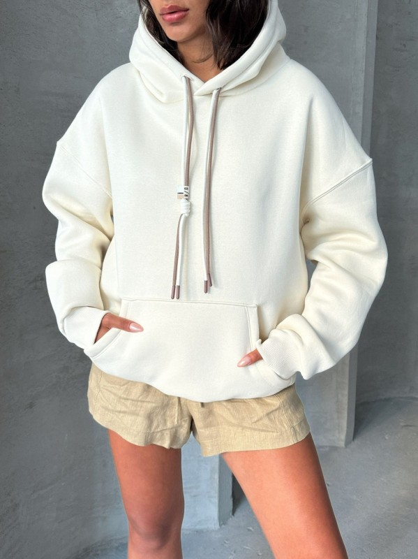 SWT-14263 Beyaz Çift Kordonlu Kapüşonlu Üç İplik Şardonlu Sweatshirt