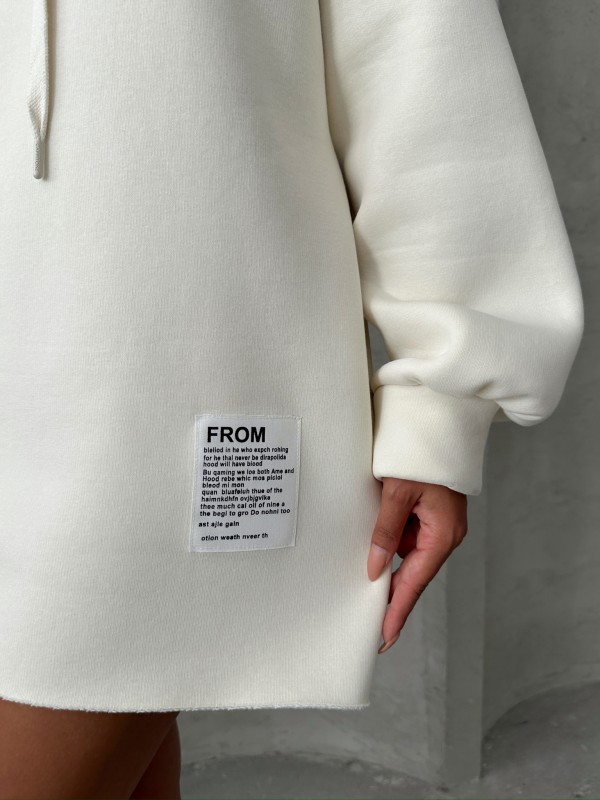 SWT-14264 Beyaz Etiket Detaylı Kapüşonlu Üç İplik Şardonlu Salaş Sweatshirt