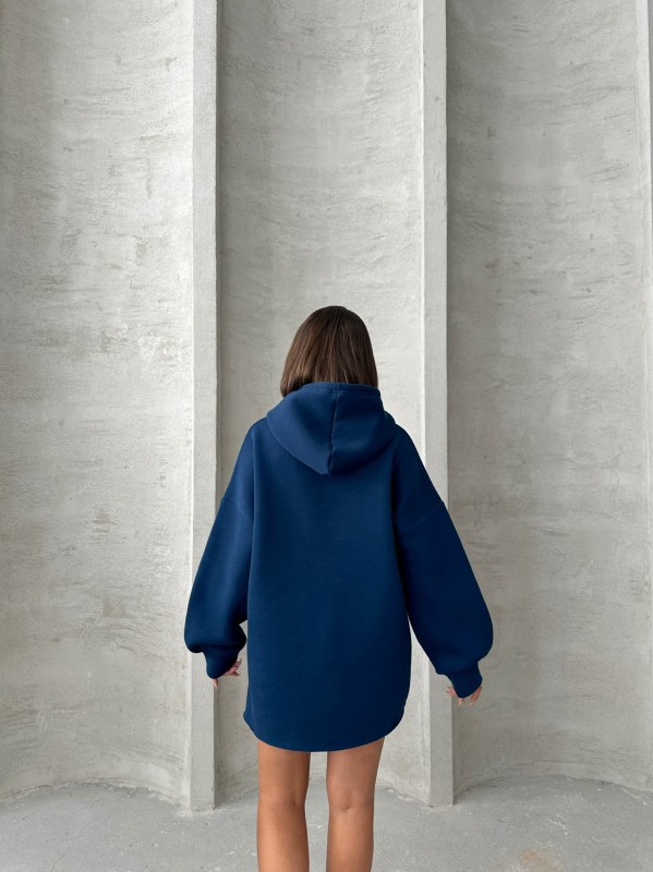 SWT-14264 Lacivert Etiket Detaylı Kapüşonlu Üç İplik Şardonlu Salaş Sweatshirt - 7