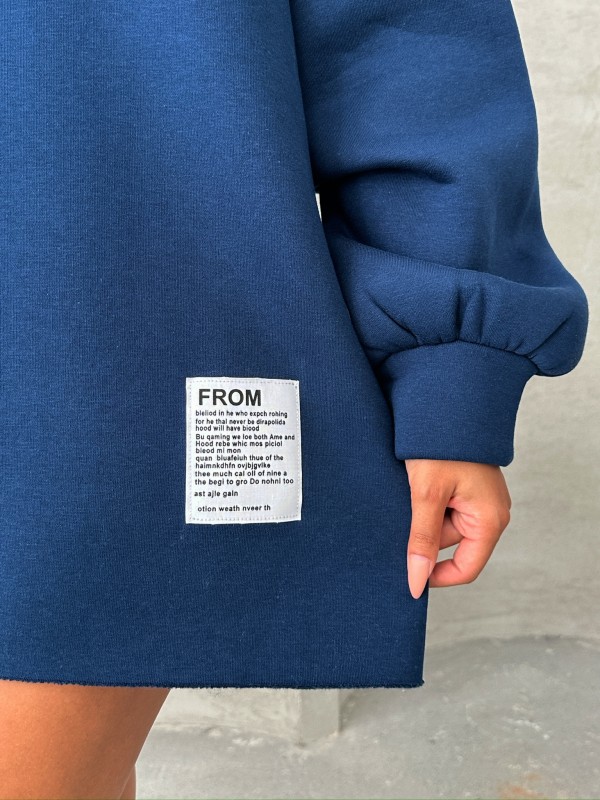 SWT-14264 Lacivert Etiket Detaylı Kapüşonlu Üç İplik Şardonlu Salaş Sweatshirt - 3