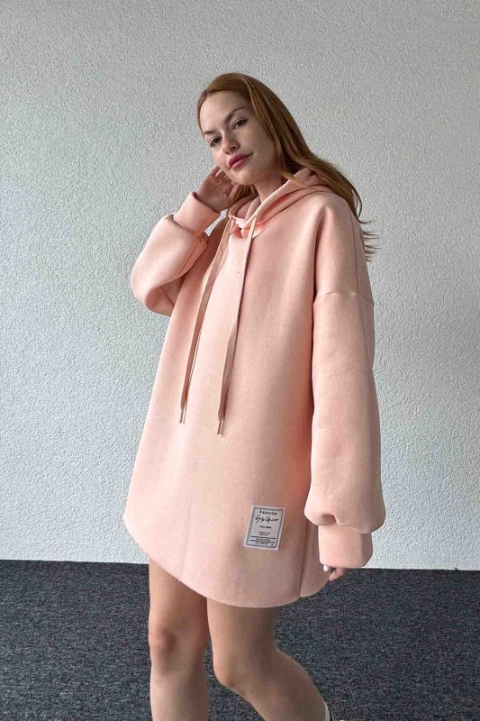 SWT-14264 Pudra Etiket Detaylı Kapüşonlu Üç İplik Şardonlu Salaş Sweatshirt