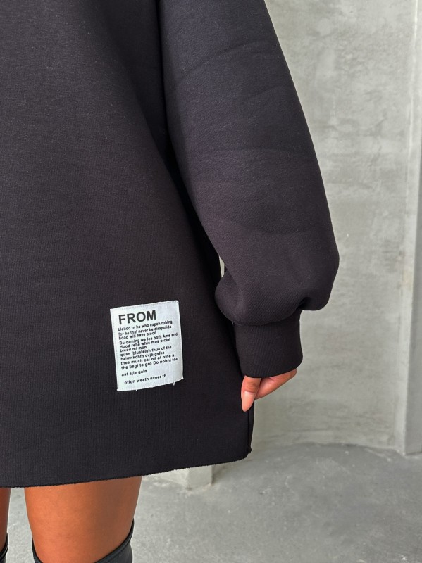 SWT-14264 Siyah Etiket Detaylı Kapüşonlu Üç İplik Şardonlu Salaş Sweatshirt - 2