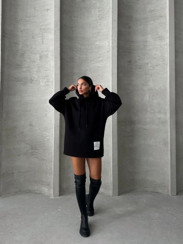 SWT-14264 Siyah Etiket Detaylı Kapüşonlu Üç İplik Şardonlu Salaş Sweatshirt - 1