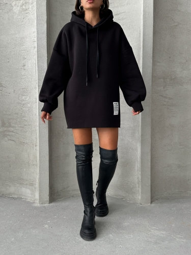 SWT-14264 Siyah Etiket Detaylı Kapüşonlu Üç İplik Şardonlu Salaş Sweatshirt - 5