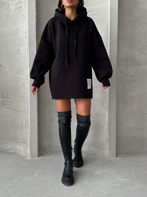 SWT-14264 Siyah Etiket Detaylı Kapüşonlu Üç İplik Şardonlu Salaş Sweatshirt - 5
