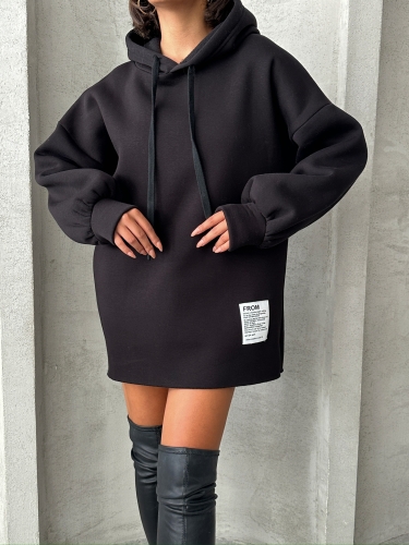 SWT-14264 Siyah Etiket Detaylı Kapüşonlu Üç İplik Şardonlu Salaş Sweatshirt - 6