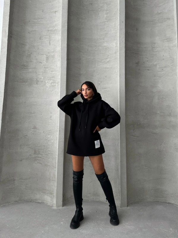 SWT-14264 Siyah Etiket Detaylı Kapüşonlu Üç İplik Şardonlu Salaş Sweatshirt - 7