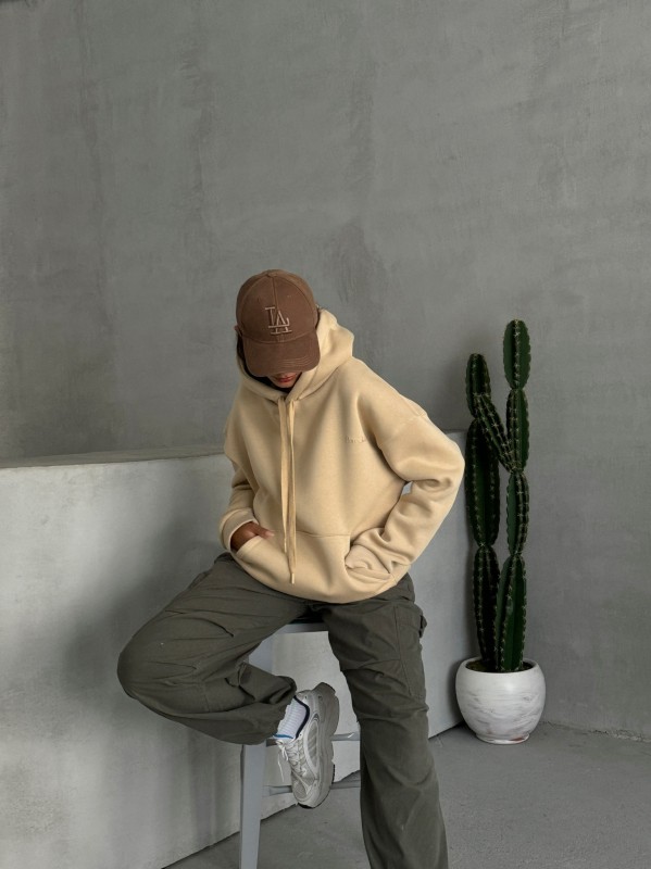 SWT-14266 Vizon Pure White Yazı Baskılı Kapüşonlu Üç İplik Şardonlu Sweatshirt