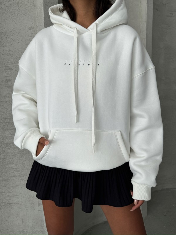 SWT-14267 Beyaz Orijinal Yazı Baskılı Kapüşonlu Üç İplik Şardonlu Sweatshirt