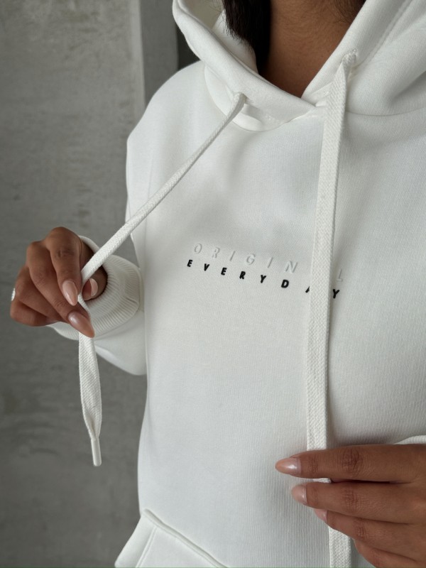 SWT-14267 Beyaz Orijinal Yazı Baskılı Kapüşonlu Üç İplik Şardonlu Sweatshirt
