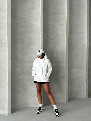 SWT-14267 Beyaz Orijinal Yazı Baskılı Kapüşonlu Üç İplik Şardonlu Sweatshirt - Thumbnail