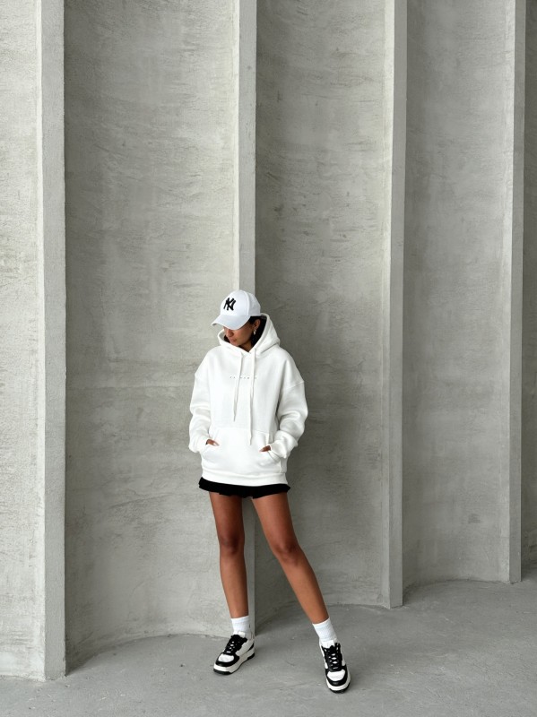 SWT-14267 Beyaz Orijinal Yazı Baskılı Kapüşonlu Üç İplik Şardonlu Sweatshirt