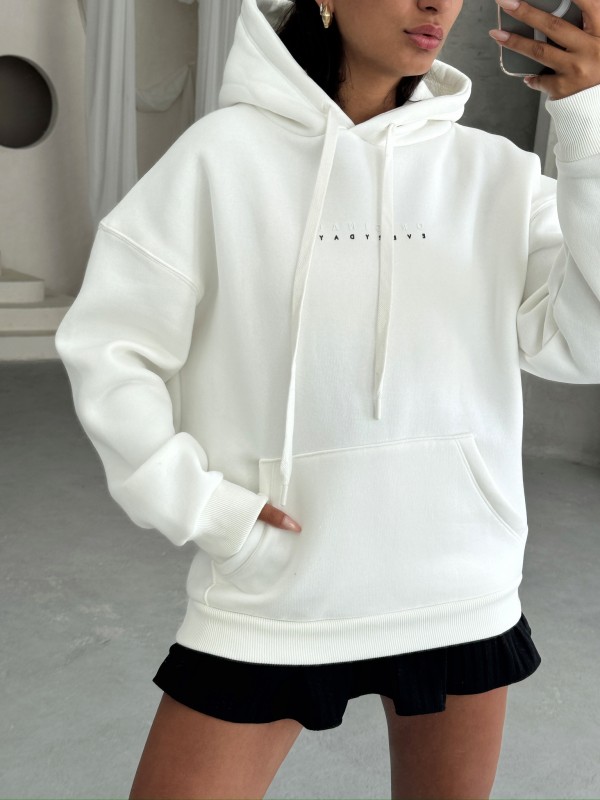 SWT-14267 Beyaz Orijinal Yazı Baskılı Kapüşonlu Üç İplik Şardonlu Sweatshirt