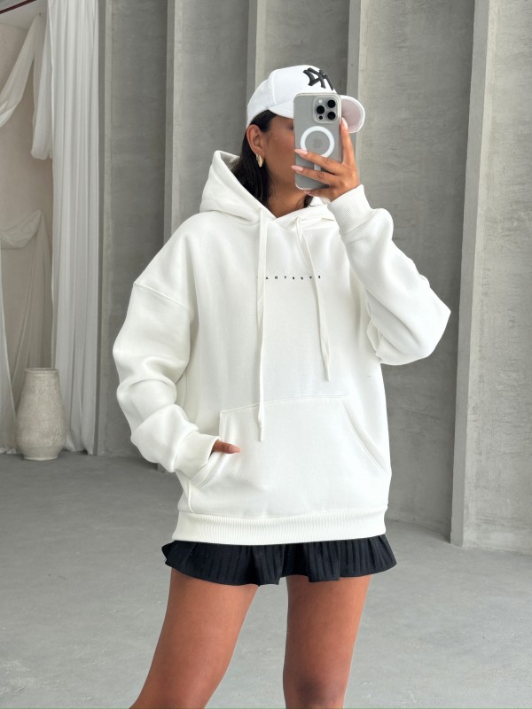 SWT-14267 Beyaz Orijinal Yazı Baskılı Kapüşonlu Üç İplik Şardonlu Sweatshirt