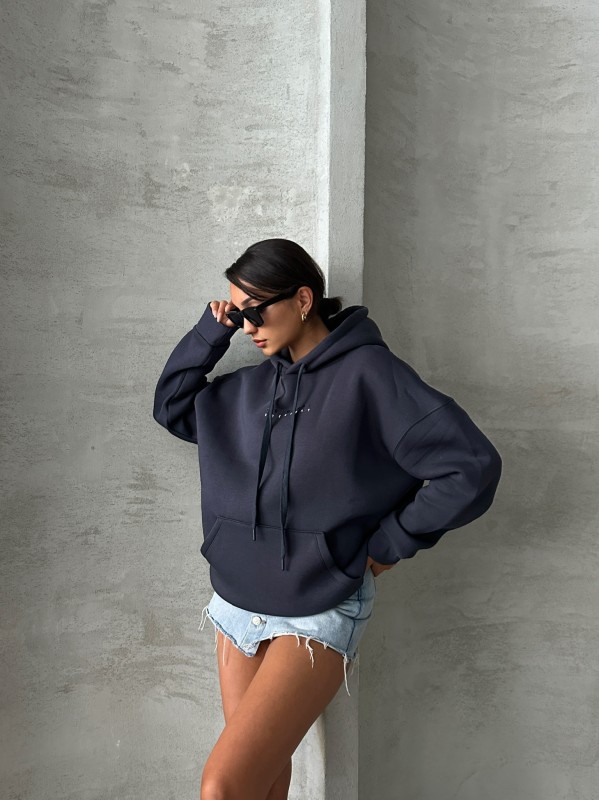 SWT-14267 Füme Orijinal Yazı Baskılı Kapüşonlu Üç İplik Şardonlu Sweatshirt