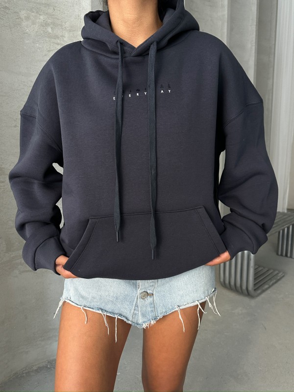 SWT-14267 Füme Orijinal Yazı Baskılı Kapüşonlu Üç İplik Şardonlu Sweatshirt