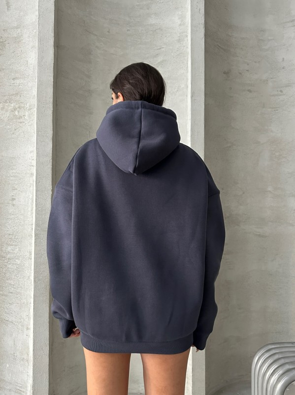 SWT-14267 Füme Orijinal Yazı Baskılı Kapüşonlu Üç İplik Şardonlu Sweatshirt