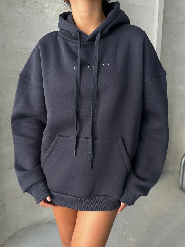 SWT-14267 Füme Orijinal Yazı Baskılı Kapüşonlu Üç İplik Şardonlu Sweatshirt