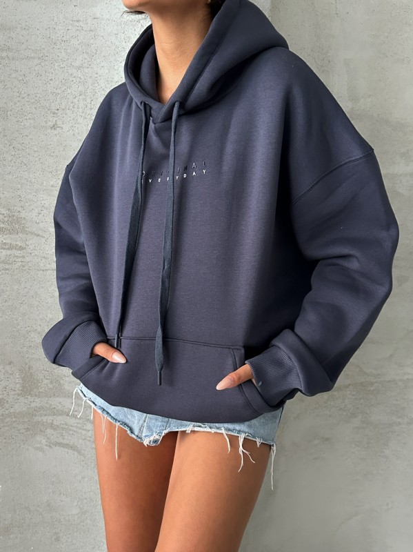 SWT-14267 Füme Orijinal Yazı Baskılı Kapüşonlu Üç İplik Şardonlu Sweatshirt