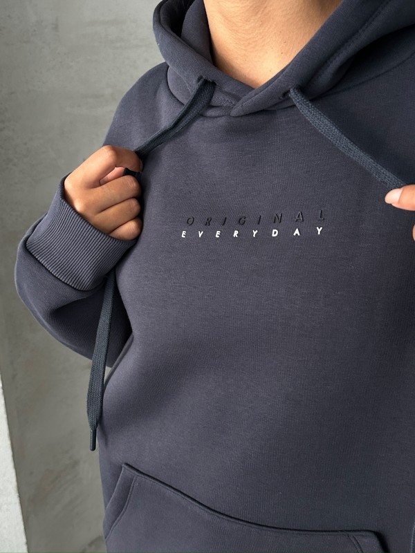 SWT-14267 Füme Orijinal Yazı Baskılı Kapüşonlu Üç İplik Şardonlu Sweatshirt