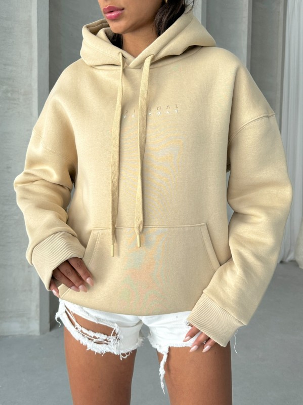 SWT-14267 Vizon Orijinal Yazı Baskılı Kapüşonlu Üç İplik Şardonlu Sweatshirt