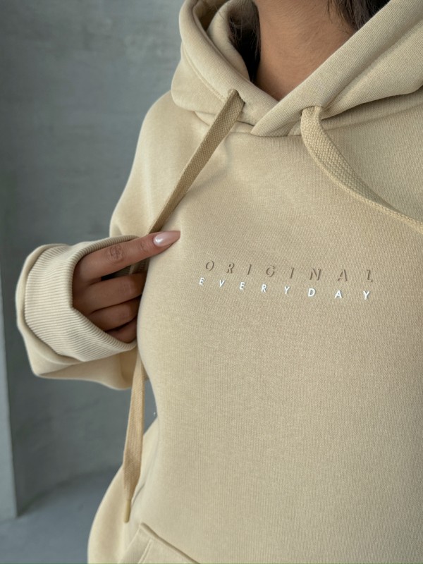 SWT-14267 Vizon Orijinal Yazı Baskılı Kapüşonlu Üç İplik Şardonlu Sweatshirt