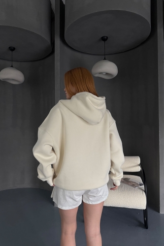 SWT-14270 Ekru Kapüşonlu Kanguru Cepli Üç İplik Şardonlu Sweatshirt - Thumbnail