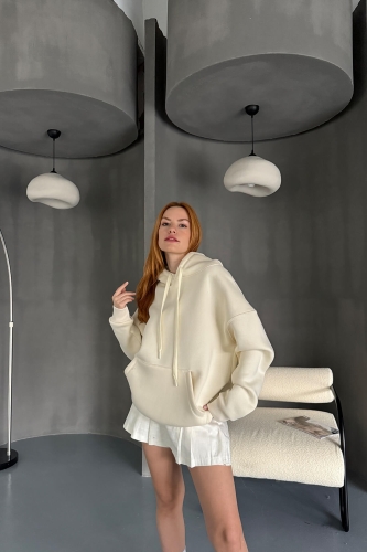 SWT-14270 Ekru Kapüşonlu Kanguru Cepli Üç İplik Şardonlu Sweatshirt - Thumbnail