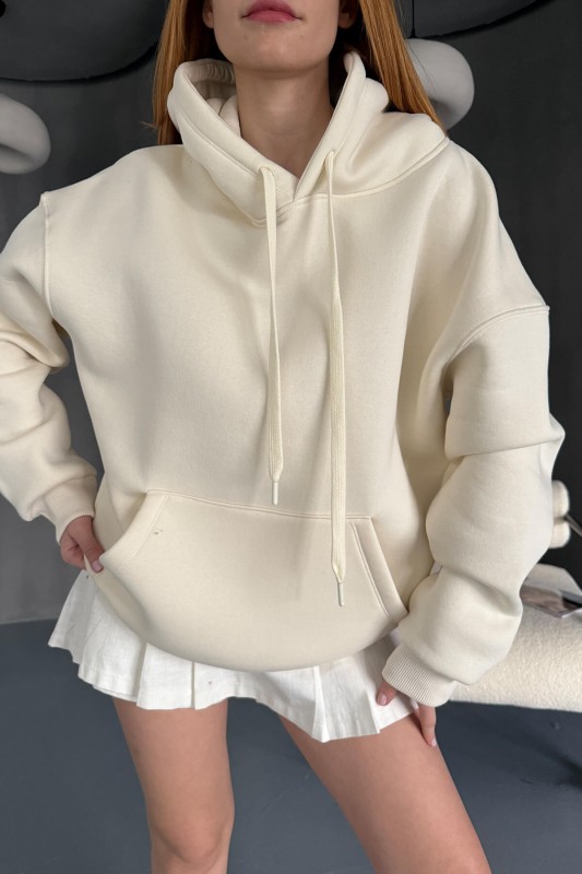 SWT-14270 Ekru Kapüşonlu Kanguru Cepli Üç İplik Şardonlu Sweatshirt