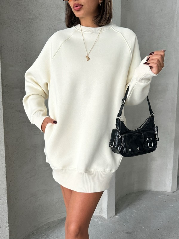 SWT-14271 Ekru Cepli Oversize Üç İplik Basic Sweatshirt