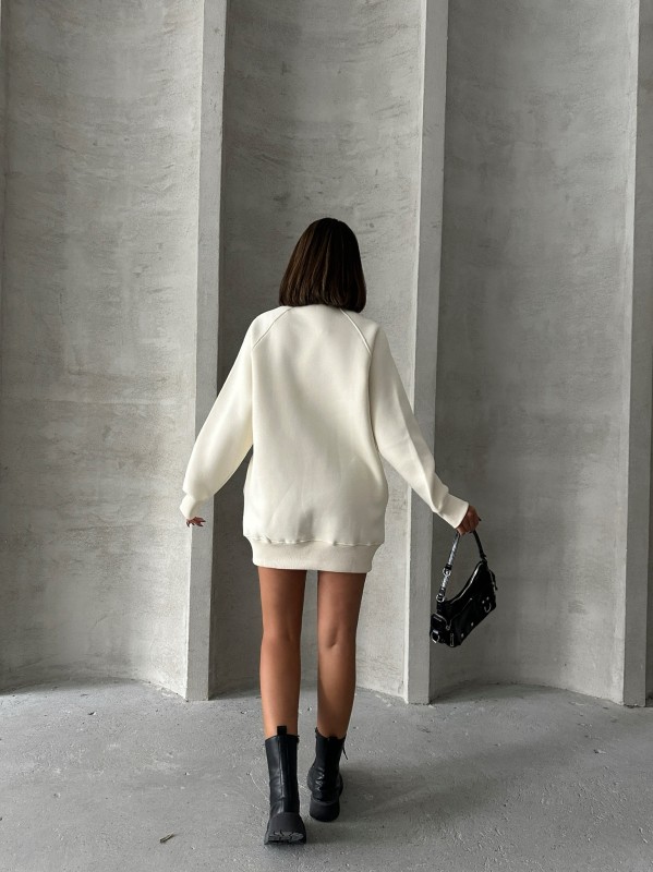 SWT-14271 Ekru Cepli Oversize Üç İplik Basic Sweatshirt