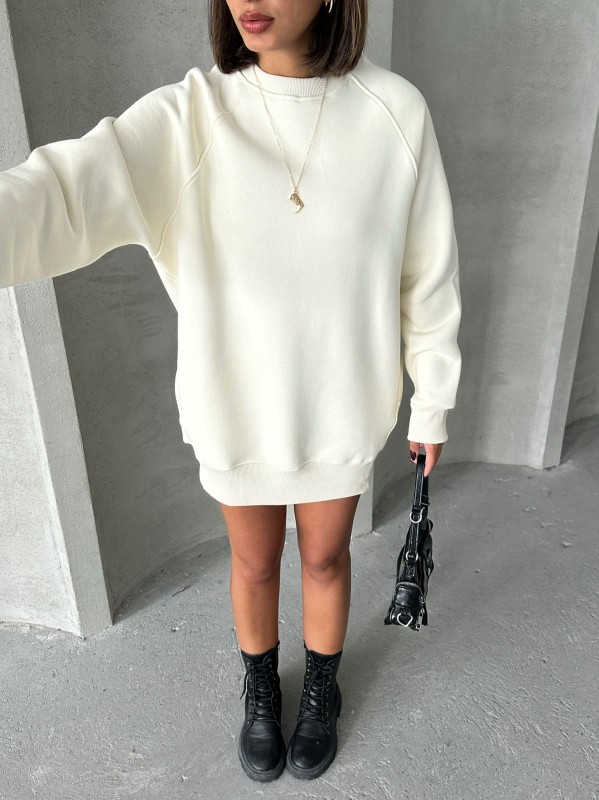 SWT-14271 Ekru Cepli Oversize Üç İplik Basic Sweatshirt