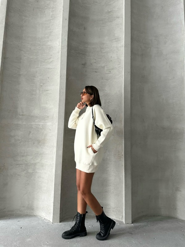 SWT-14271 Ekru Cepli Oversize Üç İplik Basic Sweatshirt