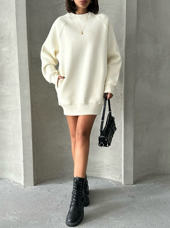 SWT-14271 Ekru Cepli Oversize Üç İplik Basic Sweatshirt